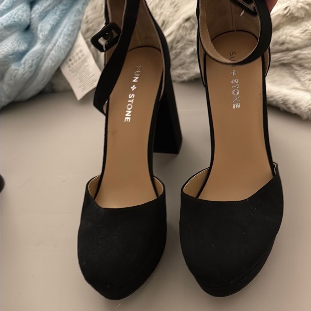 Sun + Stone Black Ankle-Strap Heels